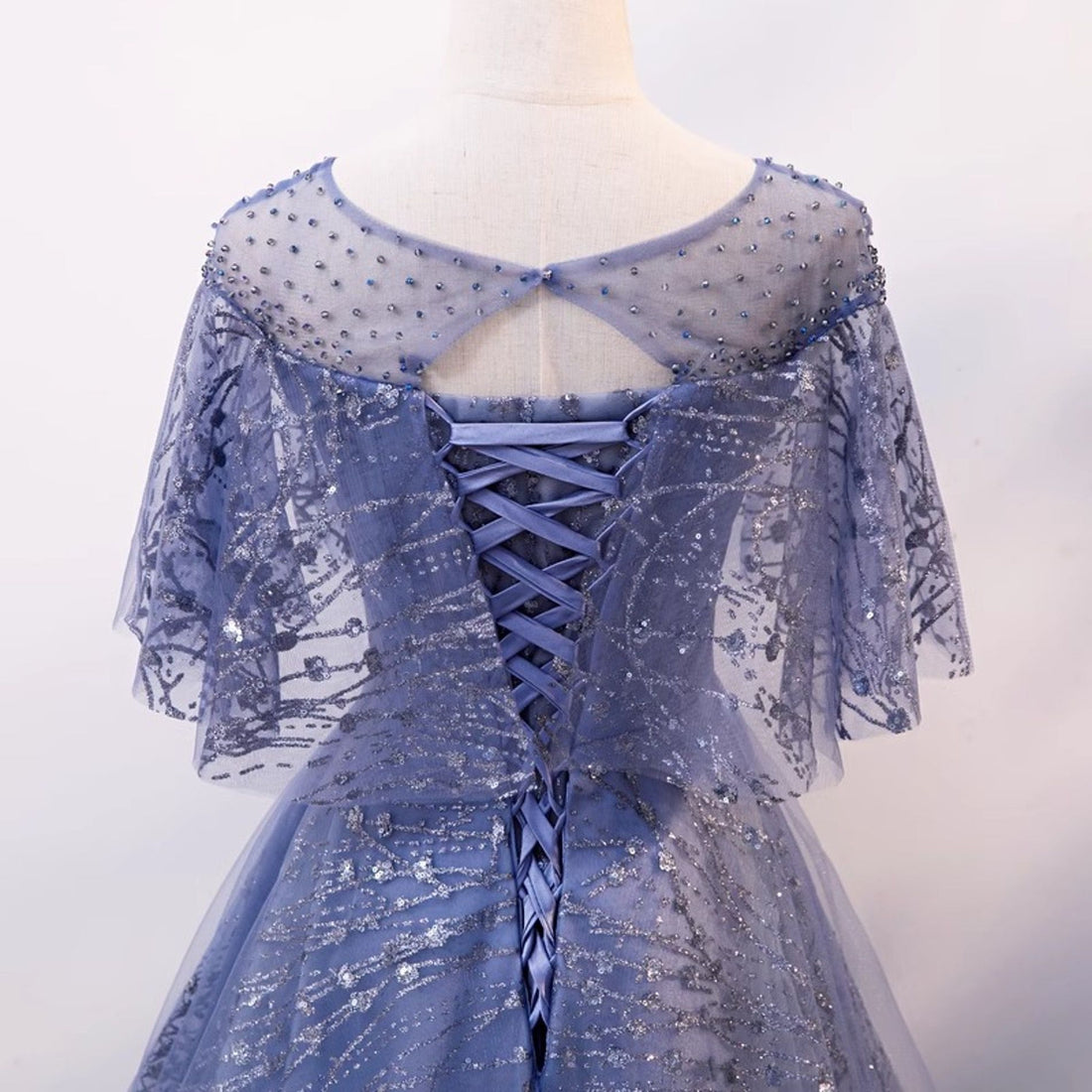 Glitter Blue Short Sleeve Tulle Ball Gowns