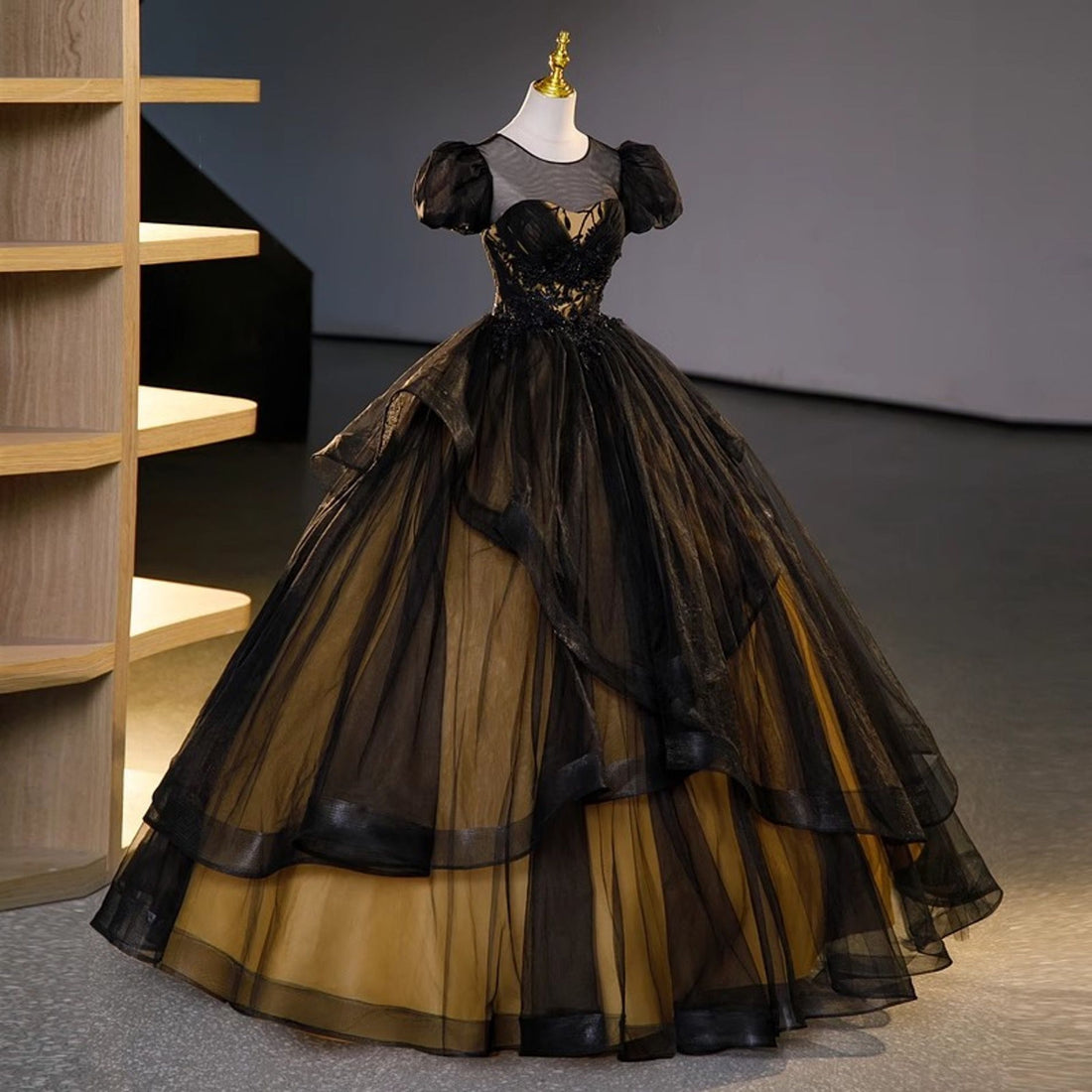 Fantasy Black Yellow Short Sleeve Birthday Tulle Ball Gown