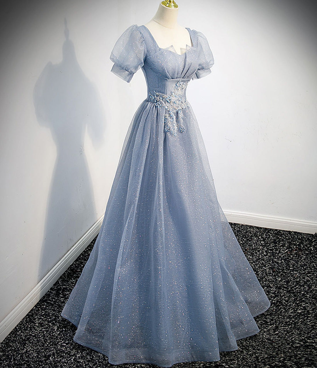 Blue Elegant V-neck Tulle Prom Dress