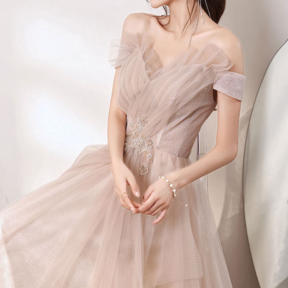 Fairy Beige Tulle Off Shouder Prom Dress