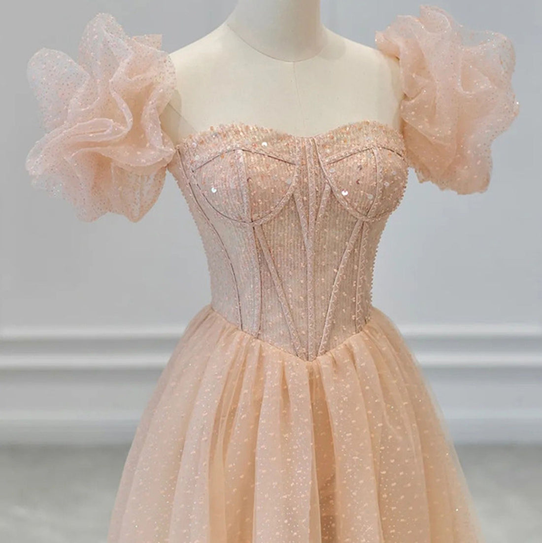 Fantasy Beige Off Shouder Tulle Ball Gowns