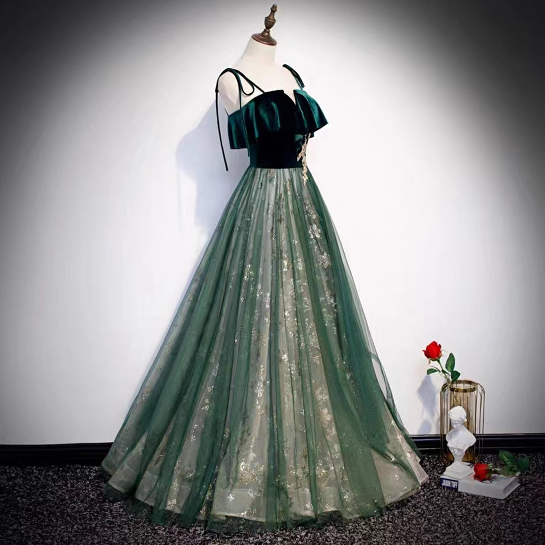 Velet-Tulle Prom Dress | Green Spaghetti Straps Evening Dress