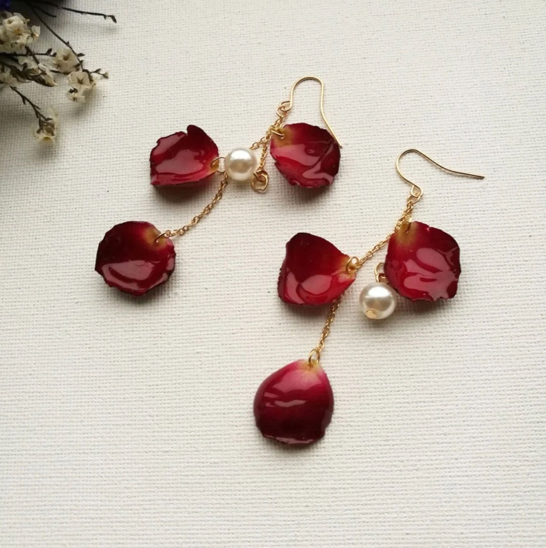 Dried Flower Red Rose Petals With Pearl Dangle Earrings