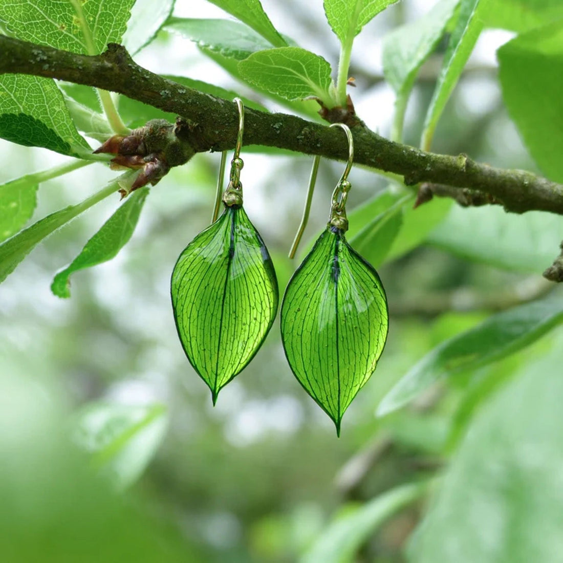 Real Green Leaf Earrings in 14K Gold