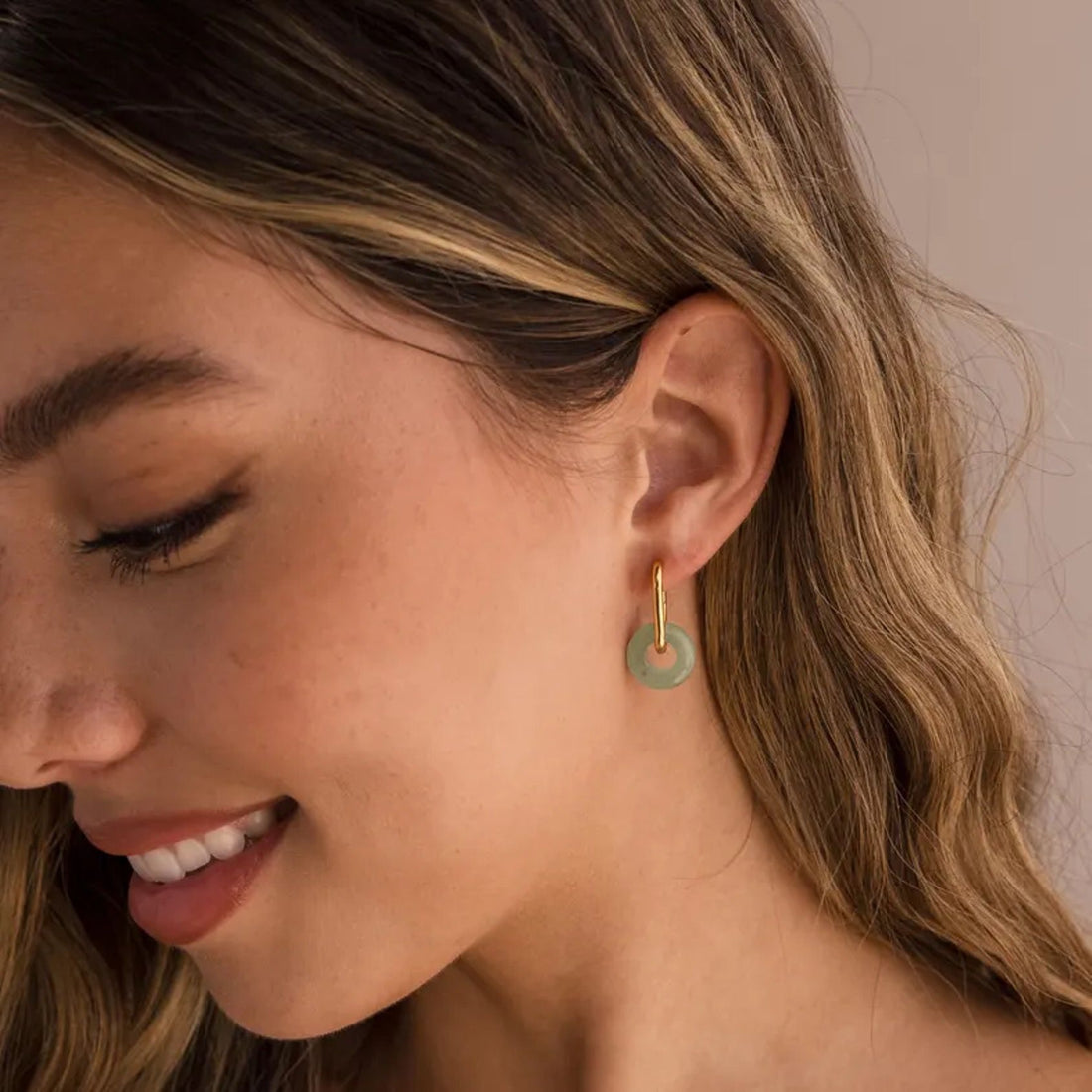Geometric Hoop Earrings with Round Jade Gemstone