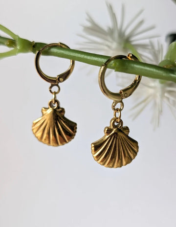 Beautiful Gold Shell Earrings with 14k Gold Plated Huggie