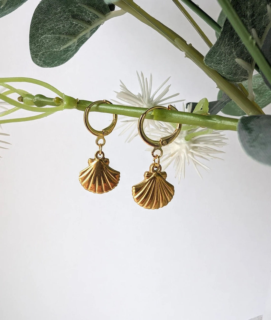 Beautiful Gold Shell Earrings with 14k Gold Plated Huggie