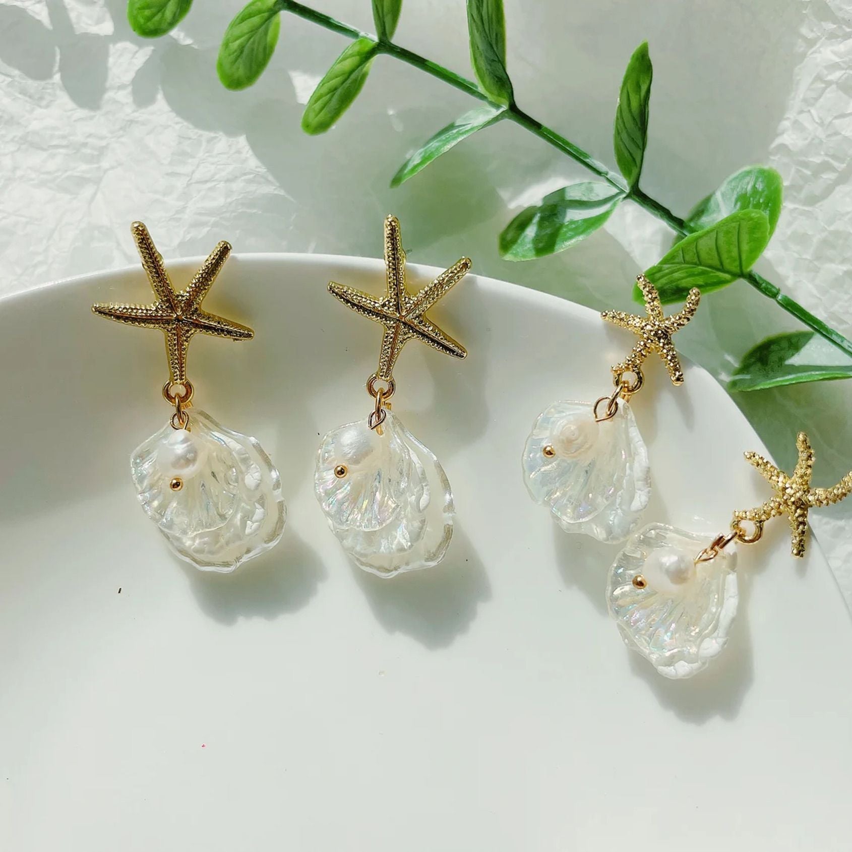Gold Starfish Sea Shell Pearl Earrings