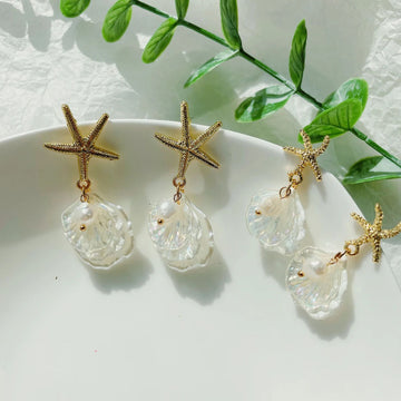 Gold Starfish Sea Shell Pearl Earrings