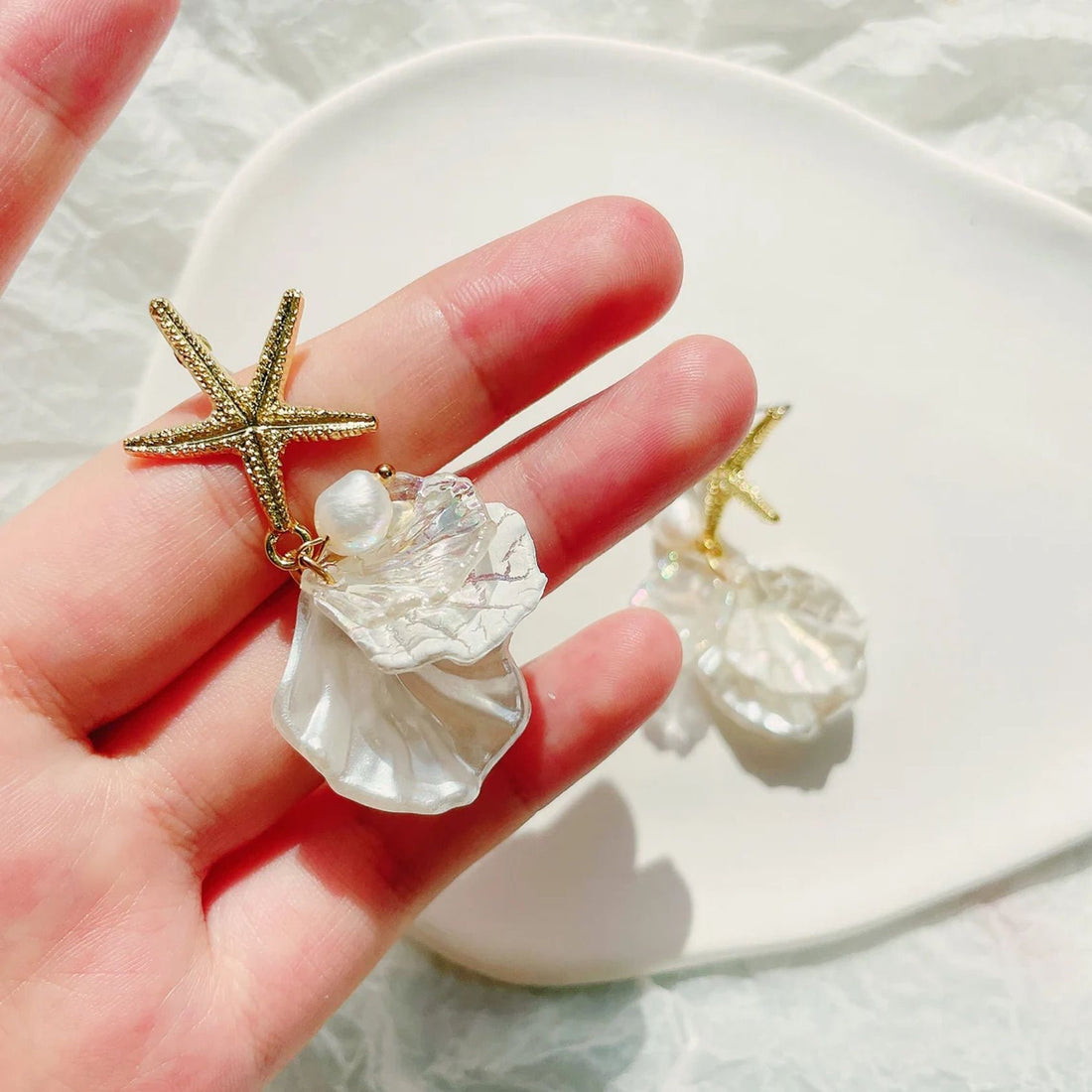 Gold Starfish Sea Shell Pearl Earrings