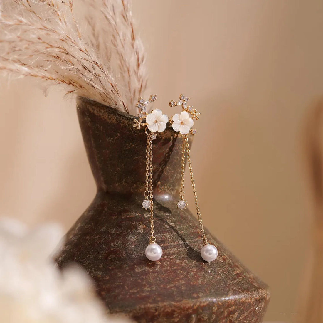 Handmade Flower Pearl Drop Earrings