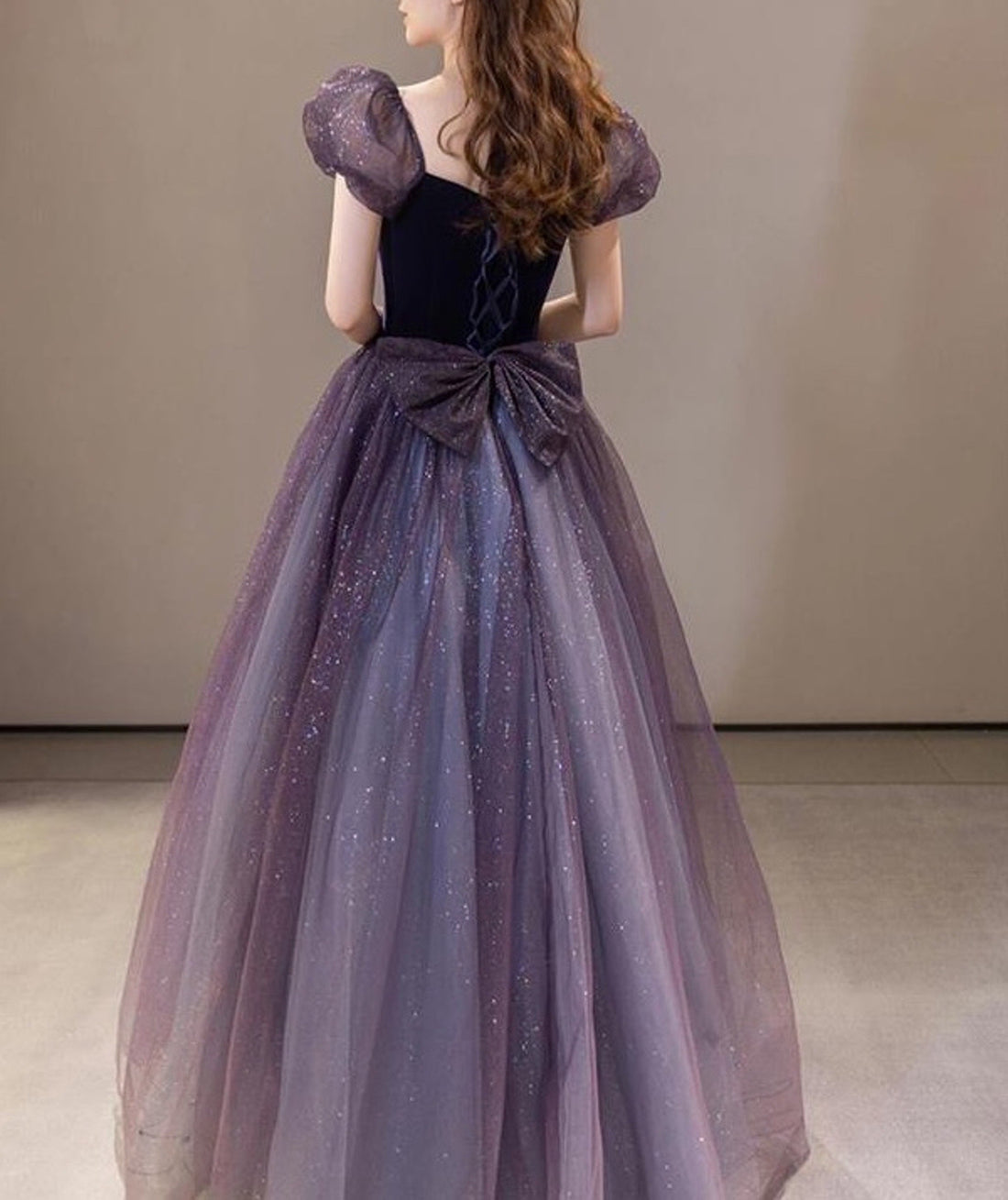 Princess Purple Velet Bodice with A Tulle Skirt Long Prom Dress