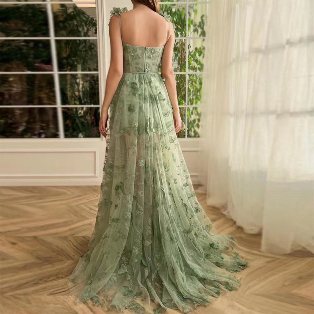 Sexy Green 3D Butterflies Slip Tulle Prom Dress