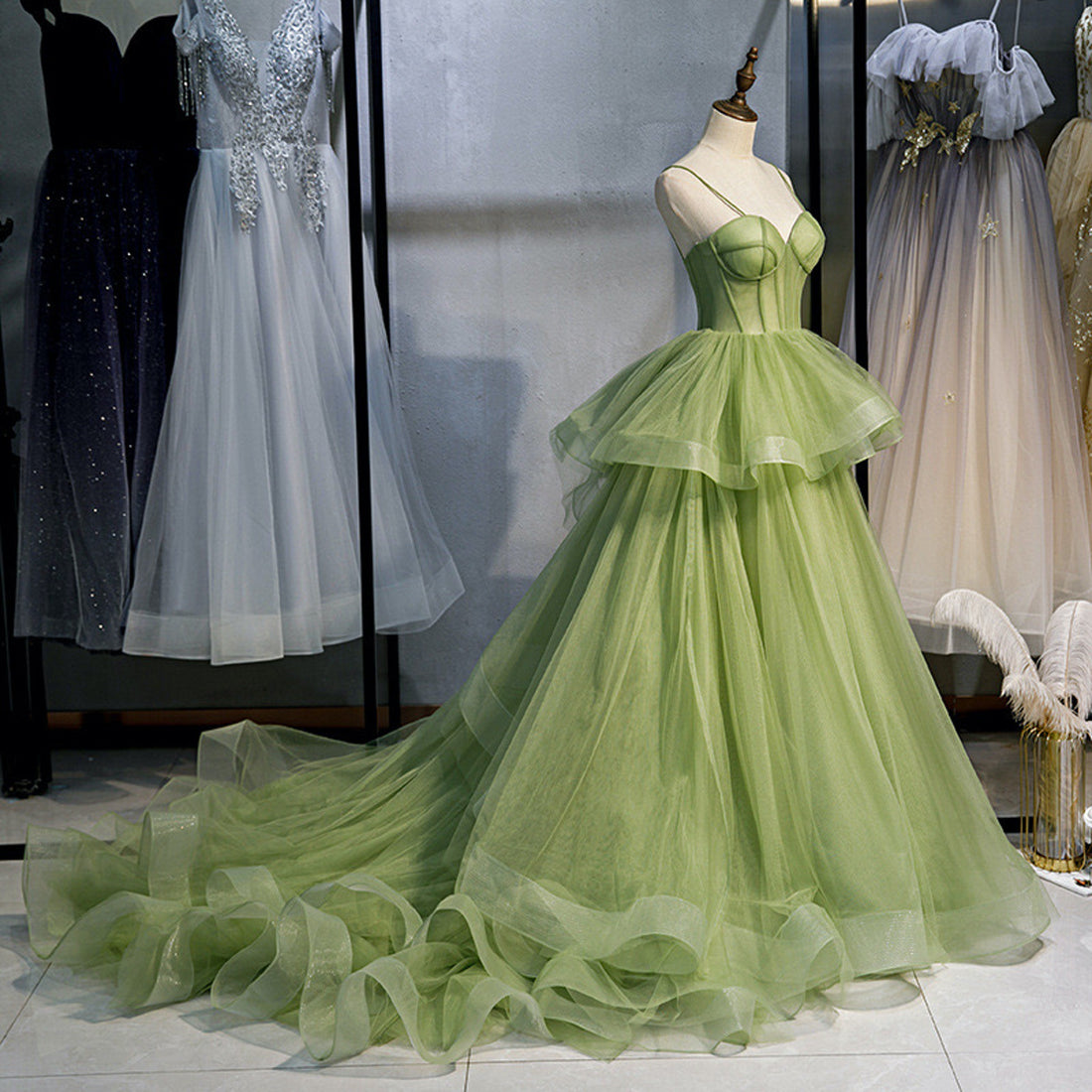 Greenery Spaghetti Strap Tiered Tulle Prom Green Sweep Train Ball Gown
