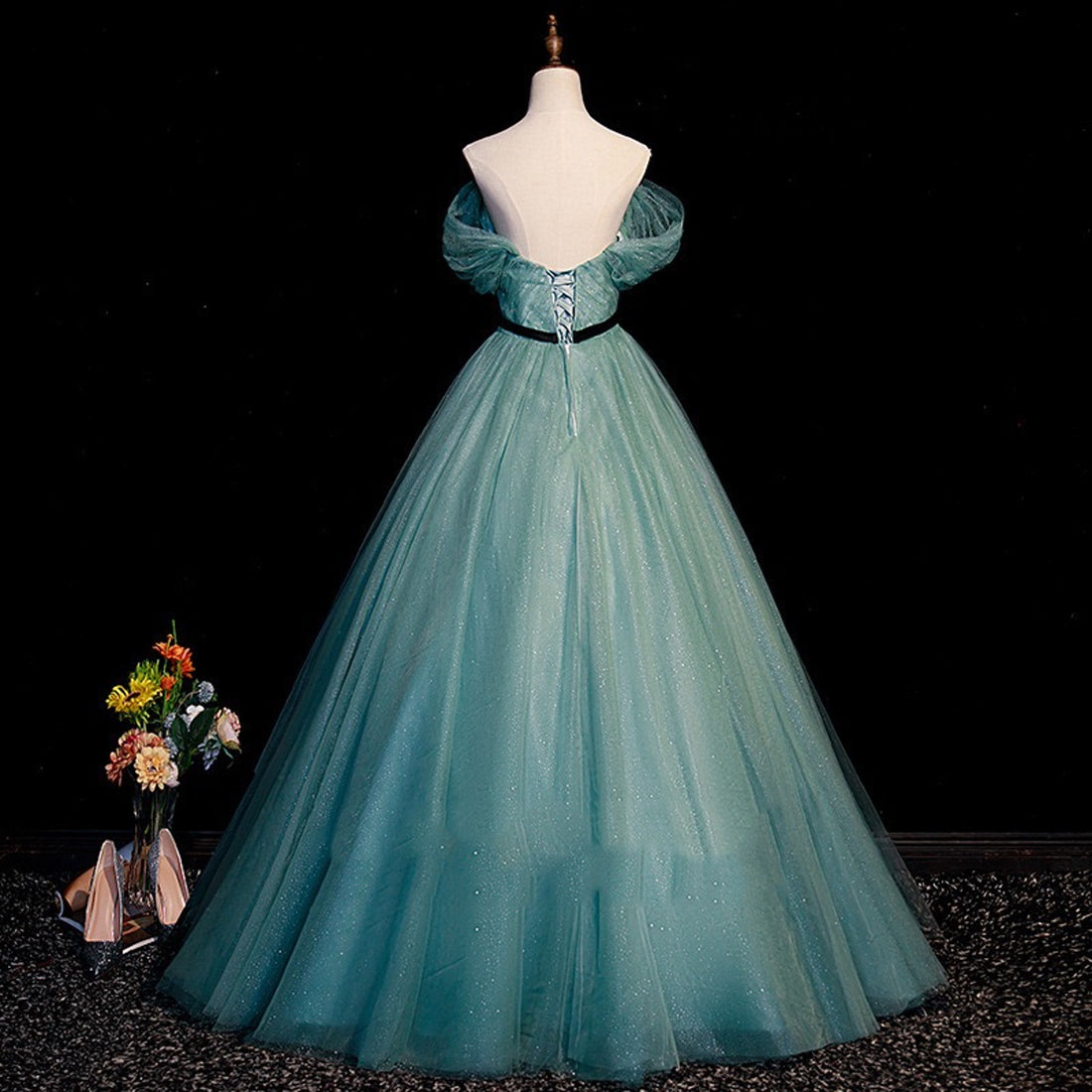 Emerald Green Tulle Prom Dress Green One Off Shoulder Evening Dress