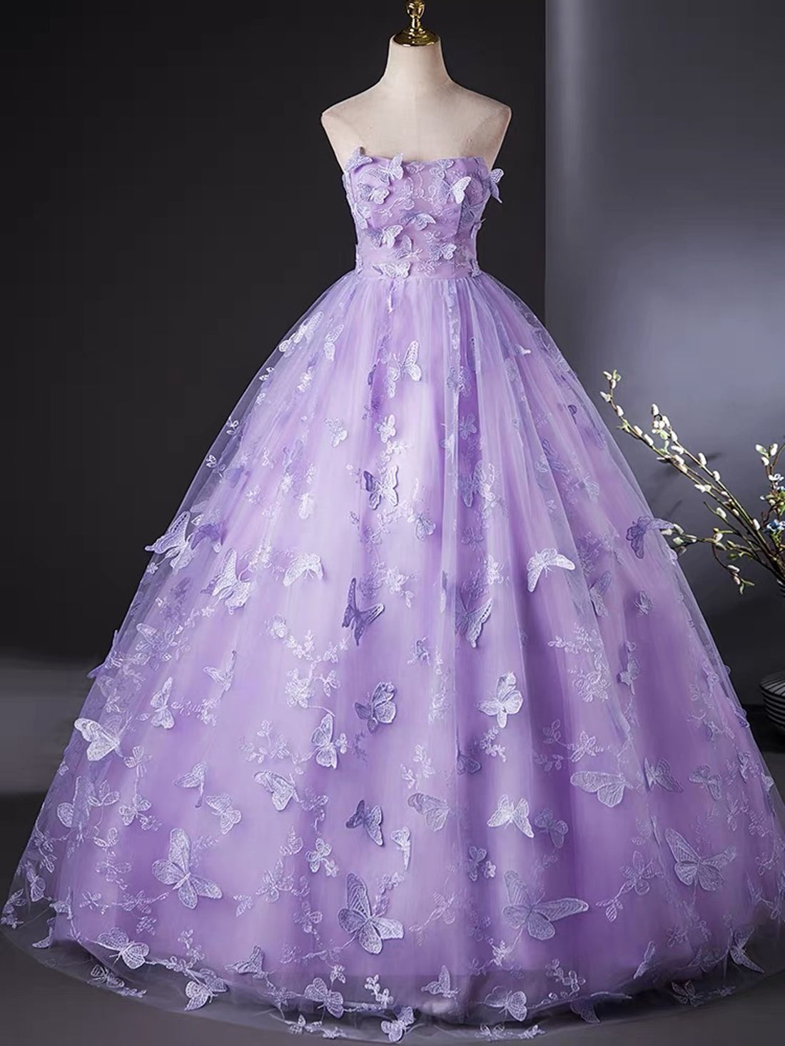 Princess Purple 3D Butterflies Spaghetti Strap Ball Gown For Prom