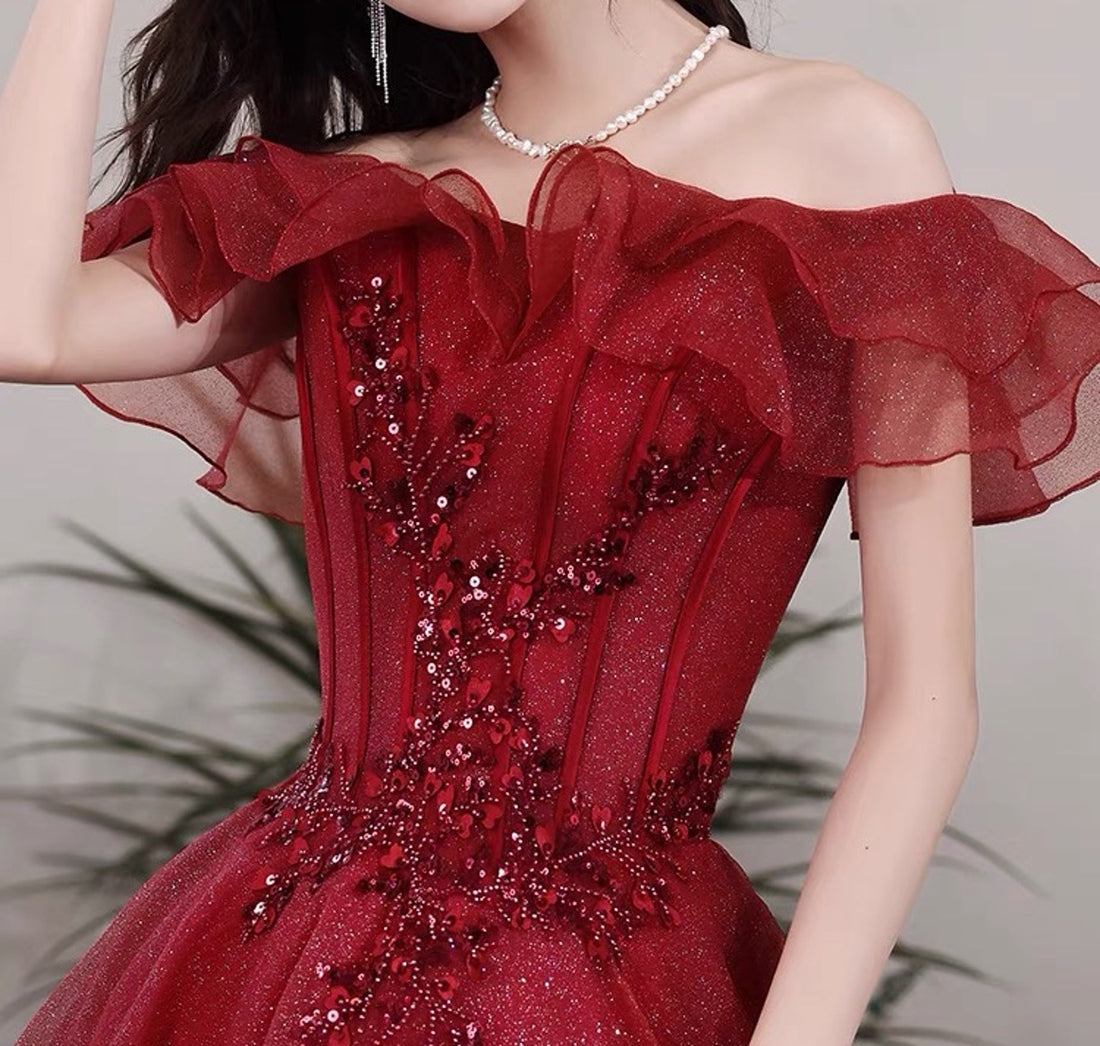 Red One Off Shoulder 3D Floral Appliqués Tulle Prom Dress