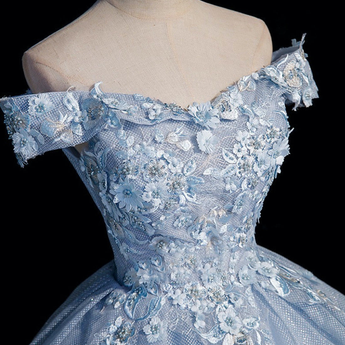 Pale Blue One Off-Shoulder  3D Floral Appliqués Ball Dress Homcoming Dress