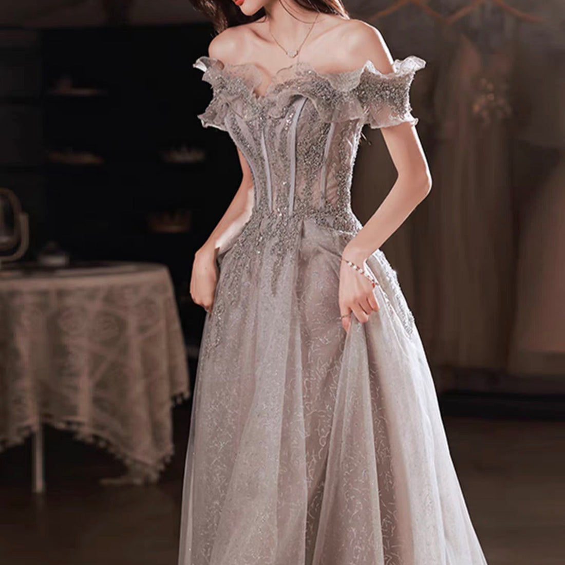 Light Grey Off Shoulder Prom Dress