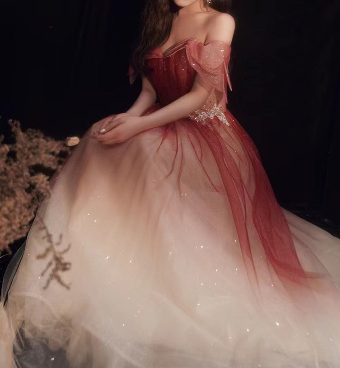 Glittering Red Off Shoulder Evening Gown,A-Line Silhouette Dress