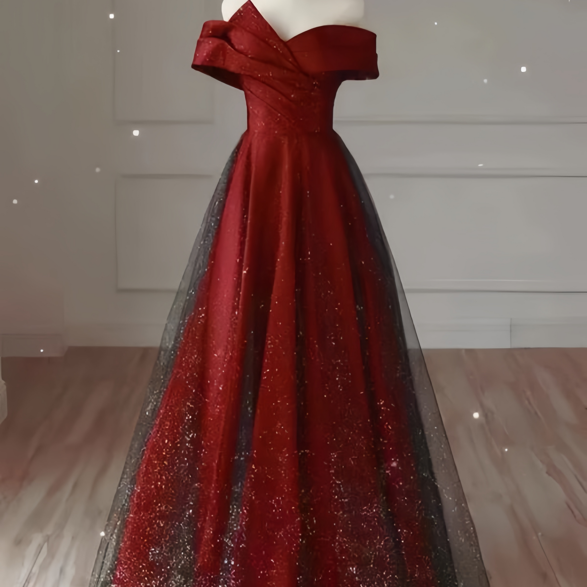 Glittering Red One Off Shoudler Satin Prom Dress Black Tulle A-line Dress