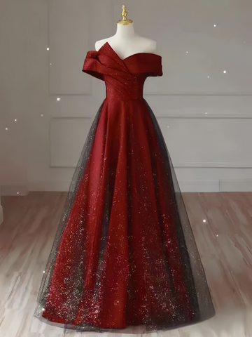 Glittering Red One Off Shoudler Satin Prom Dress Black Tulle A-line Dress