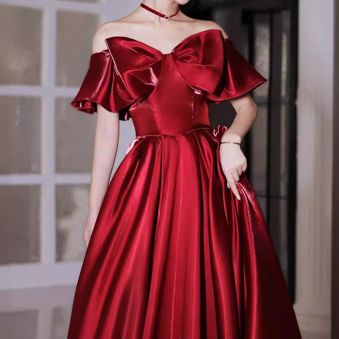 Red Bow Off Shouder Elegant Satin Prom Dress