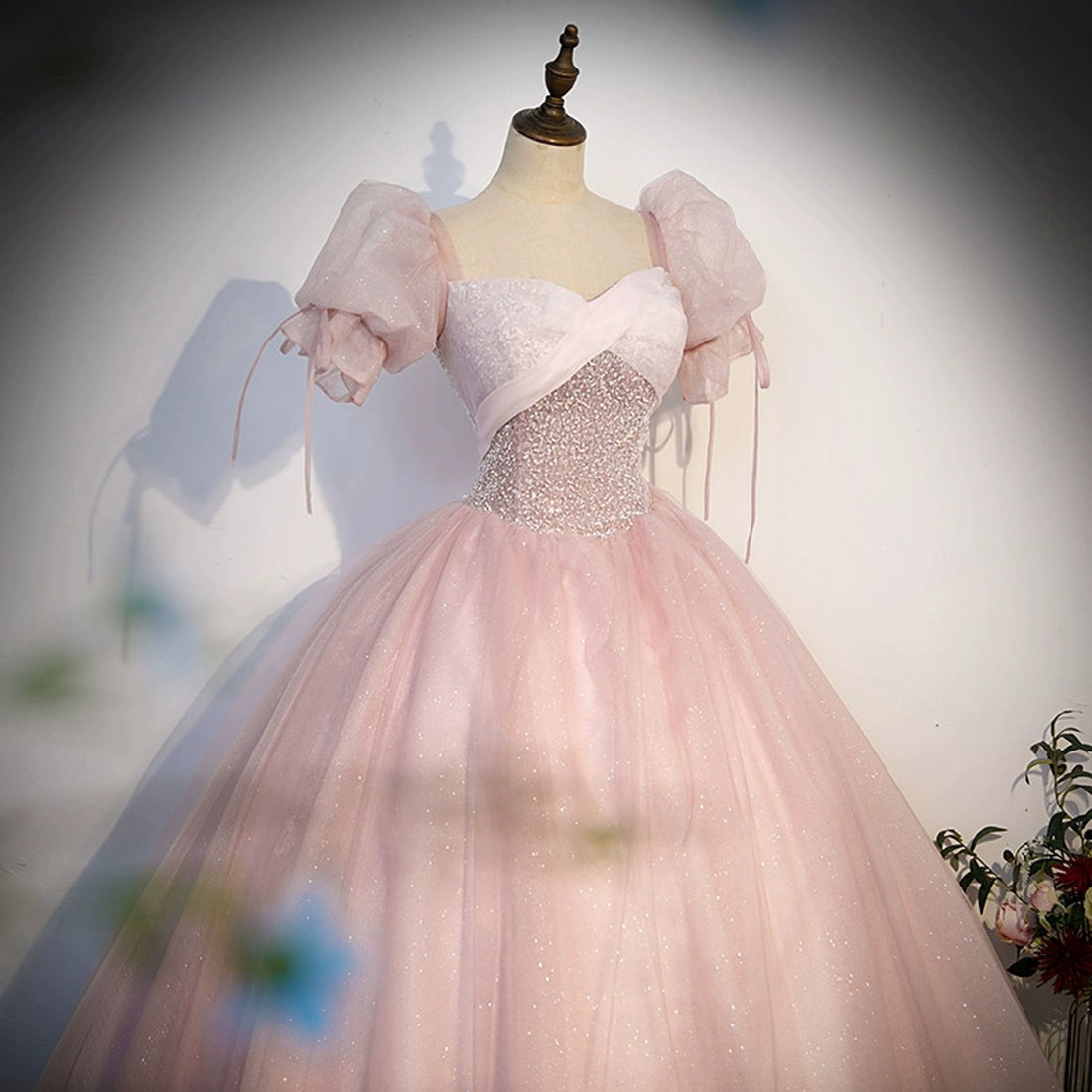 Pink Short Sleeve Princess Tulle Prom Dress
