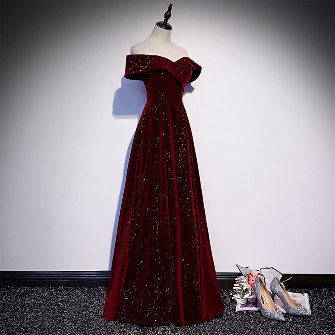 Vintage Dark Red Off Shoulder Velvet Prom Dress