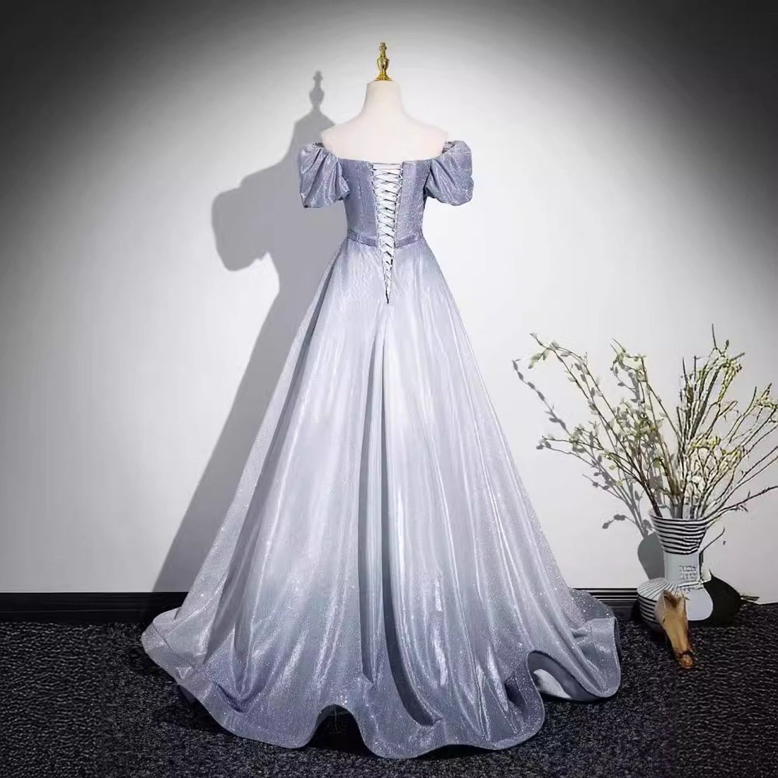 Glitter Silver Short Sleeve Tulle Prom Dress