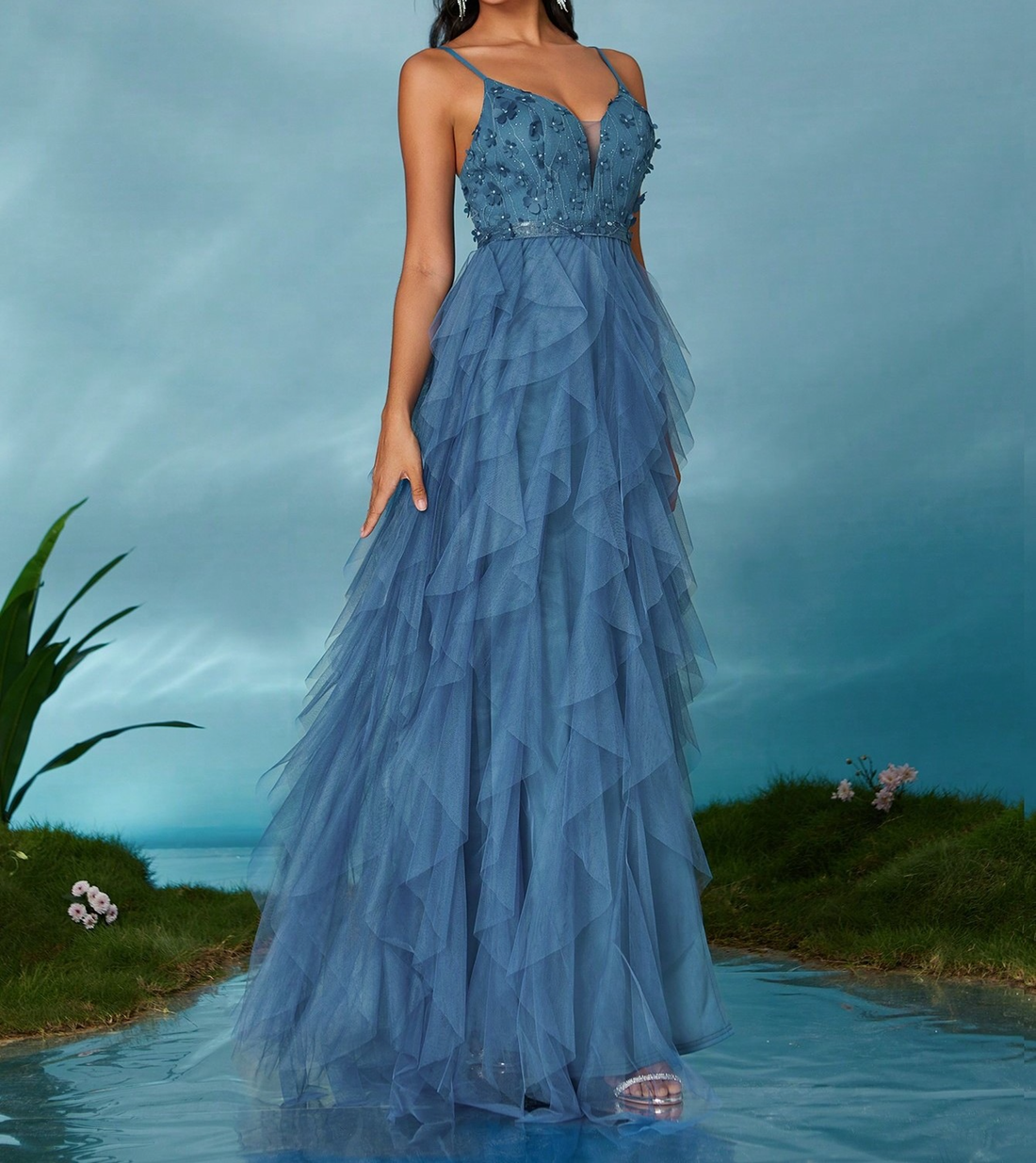 Sexy Blue Split Tulle Ball Gown
