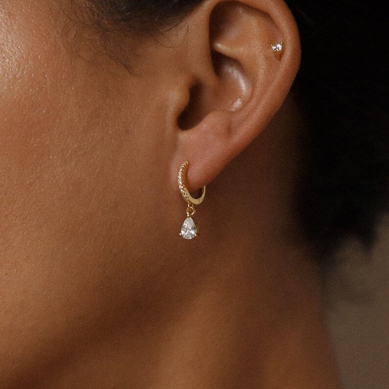 Pave Huggie Hoop Dangle Earrings