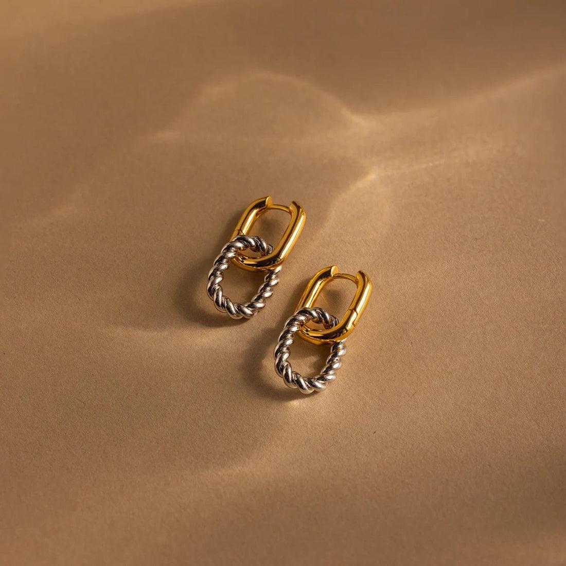 14K Gold Mixed Metal Link Hoops Earrings