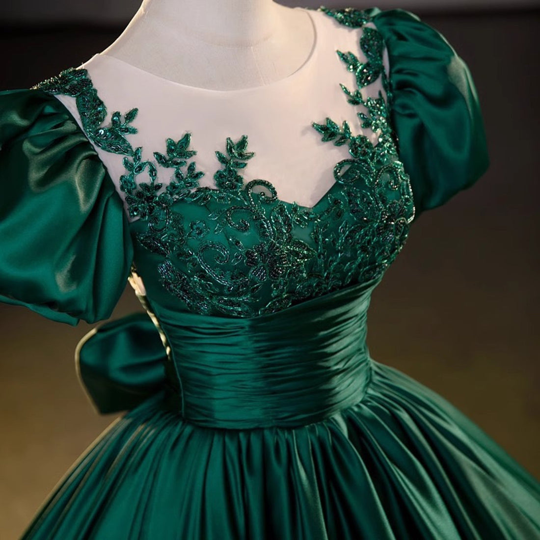 Emerald Green Applique Satin Ball Gown
