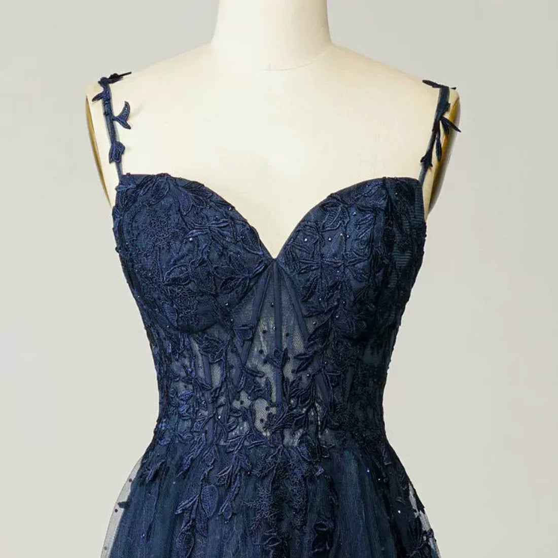 Dark Blue Embroidered Spaghetti Strap Prom Dress