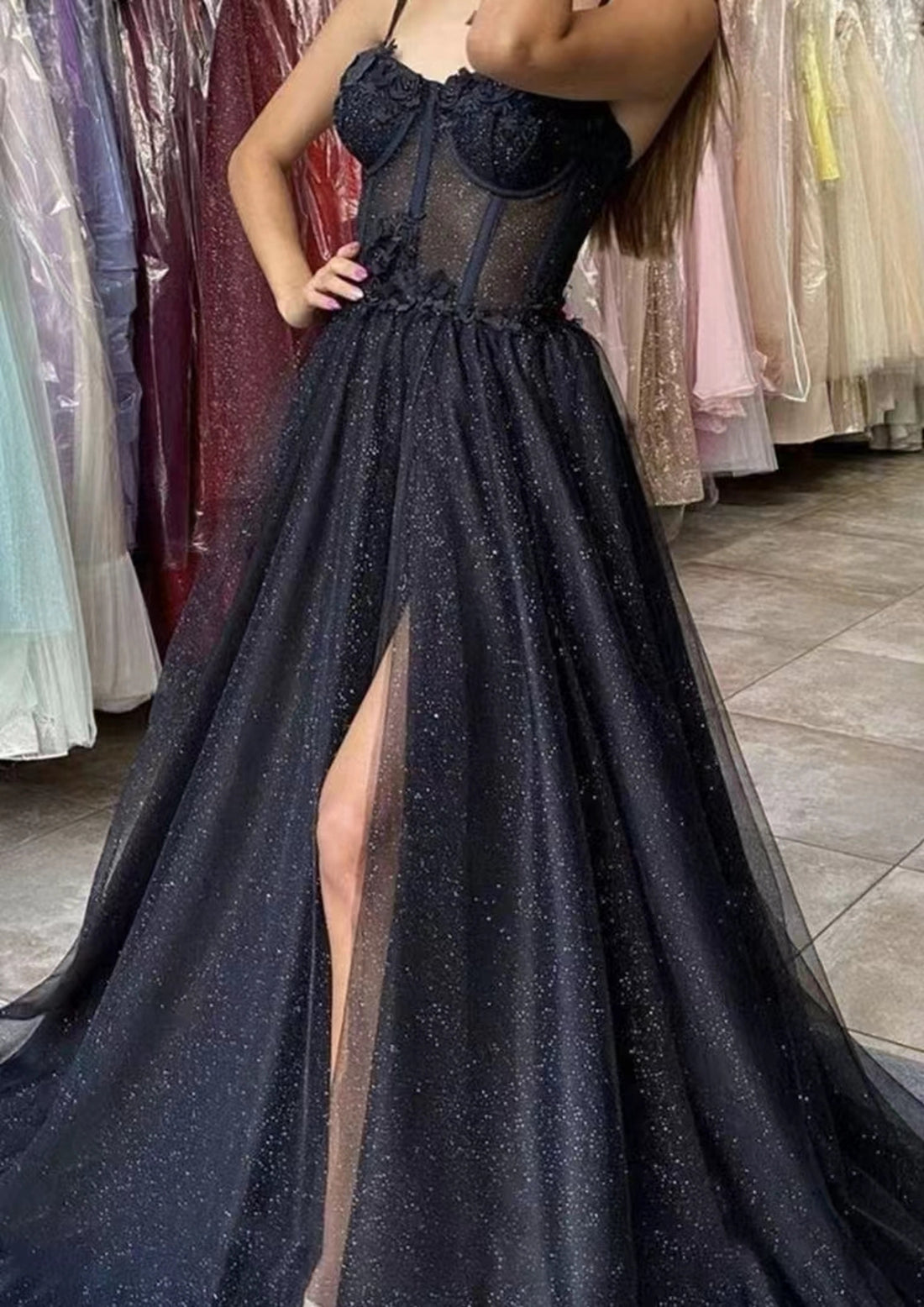 Sexy Black Spaghetti Straps Slip Lace Prom Dress