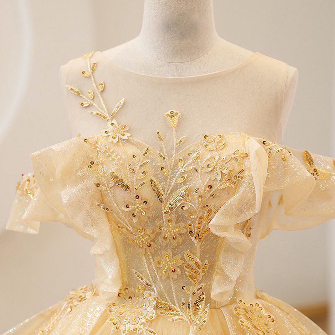 Yellow Hand-Embroidered Lace Long Ball Gown