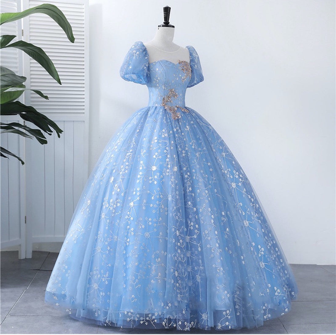Sparkling Blue Short Sleeves Ball Gown Prom Dress