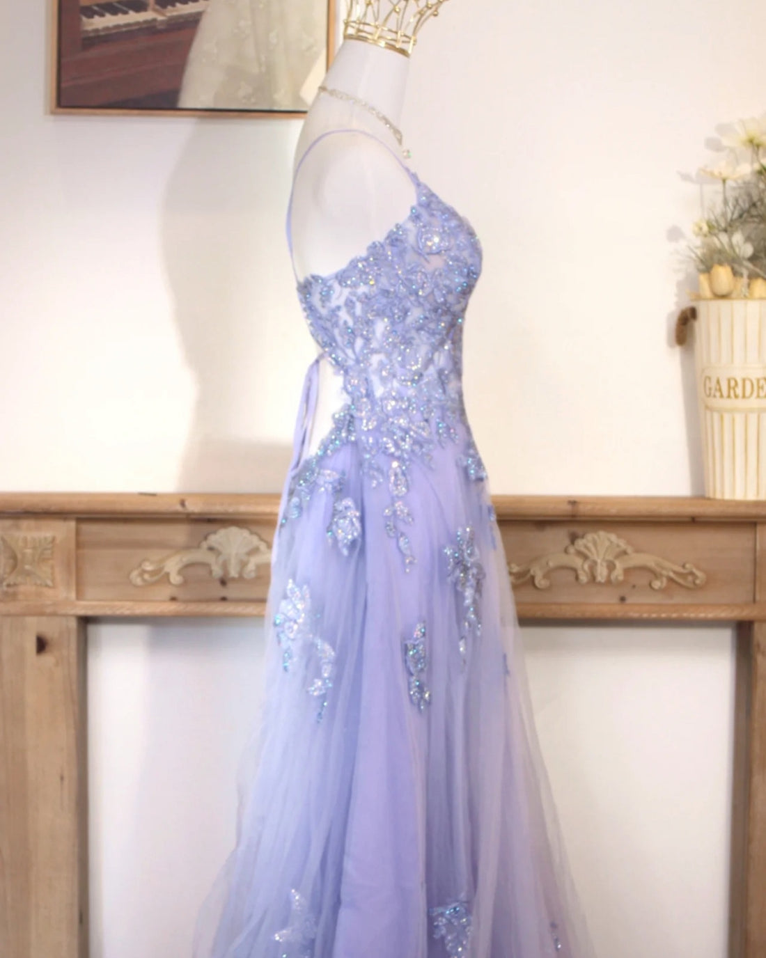 Delicate Purple Spaghetti Strap Lace Prom Dress