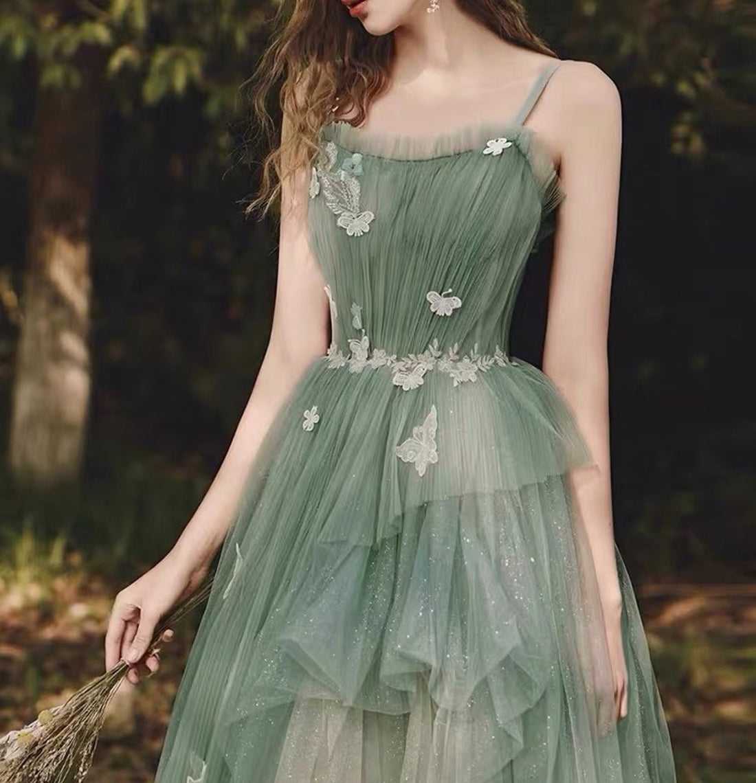 Green Spaghetti Strap Tulle Prom Dress,Beautiful A-Line Party Dress