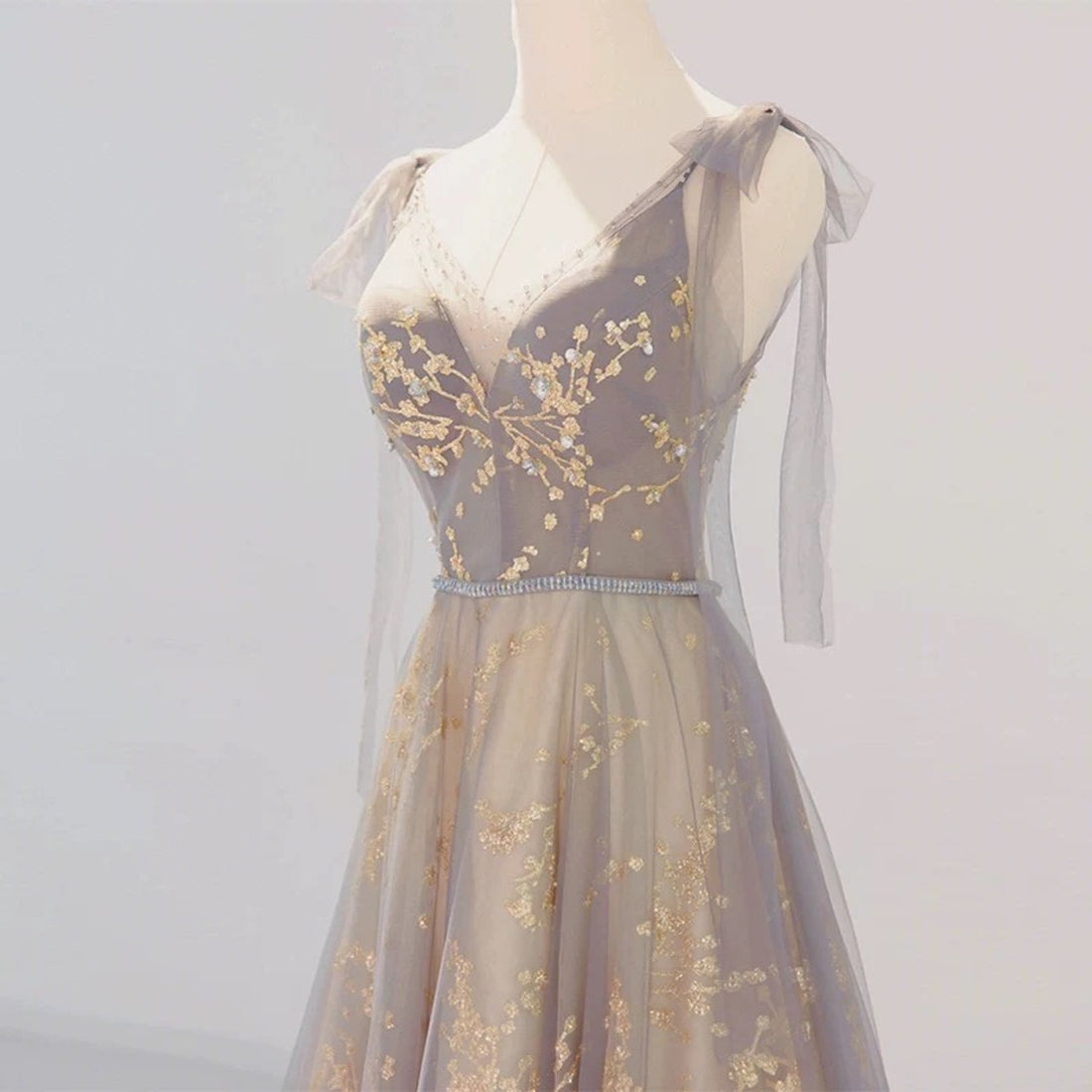 Luxury Grey Straps with Short Train Fairy Prom Dress