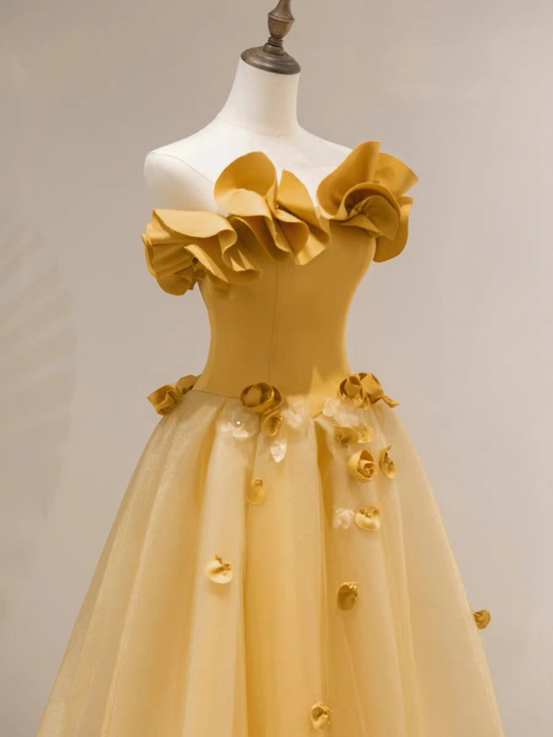 Yellow Strapless 3D Flowers Satin Prom Dress