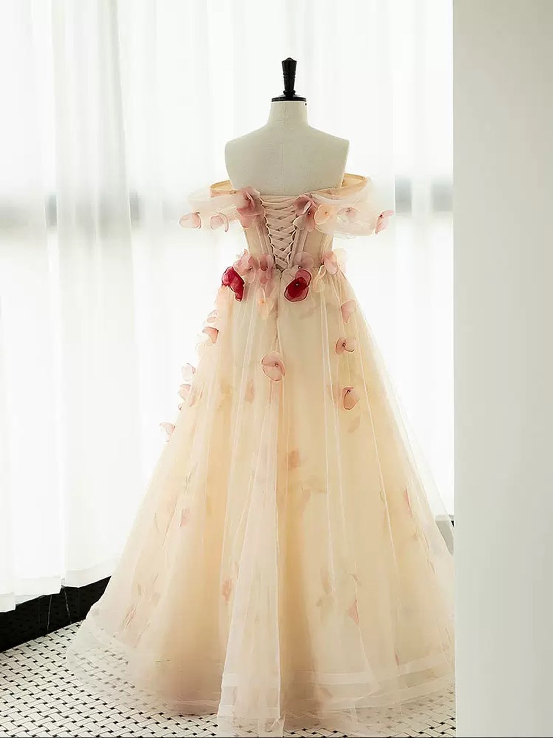Lvory 3D Pink Floral Tulle Prom Dress A-Line Party Dress