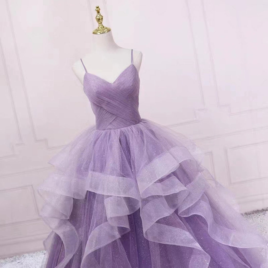Purple Spaghetti Strap Tiered Tulle Prom Dress Evening Dress