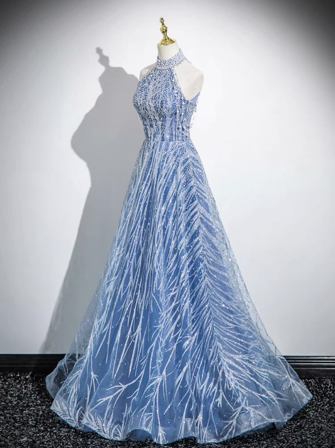 Dazzling Blue Halter Neck Rhinestone Prom Dress Party Dress