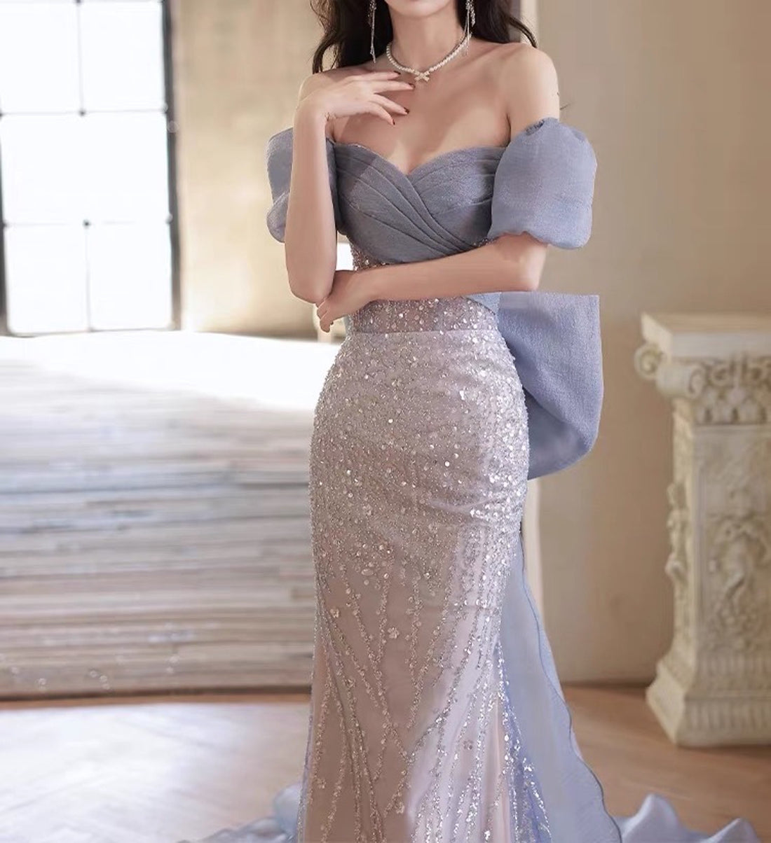 Sparkling Blue Mermaid Evening Prom Dress Removable Trailing Dress