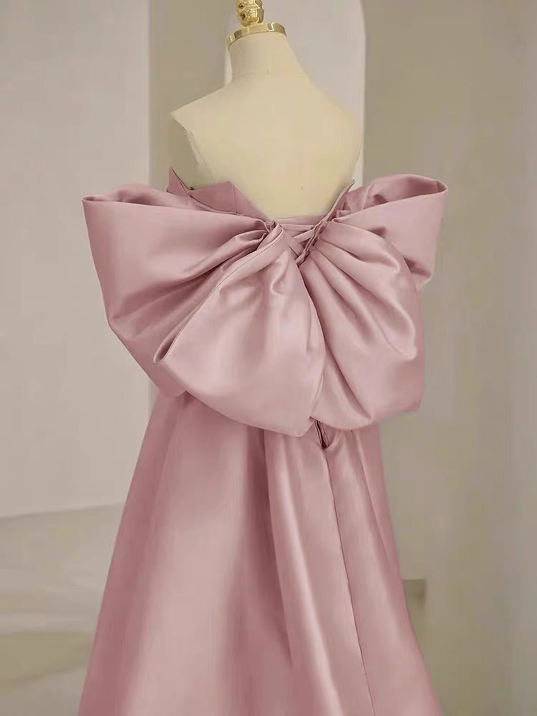 Graceful Pink Strapless Satin + Short Train Prom Dress Engagement Dress