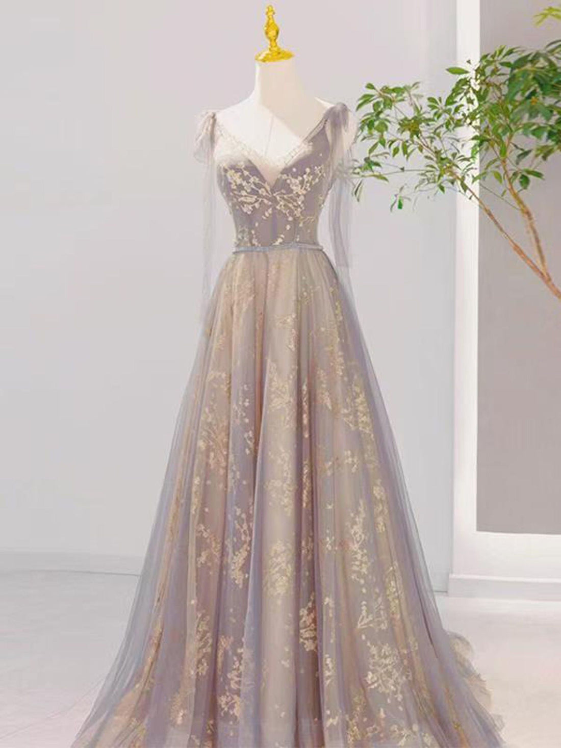 High Luxury Grey Straps Fairy Prom Dress