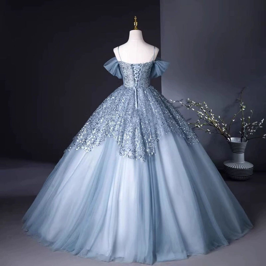Blue Straps Sequins Prom Dress